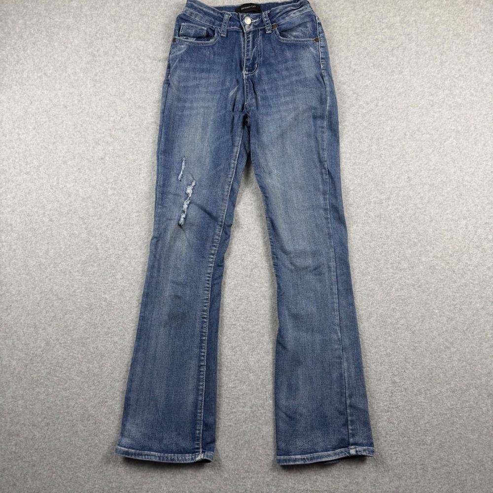 Between Us Flare Jeans Womens 3 Blue Distressed Embroidered Cross Back Pocket